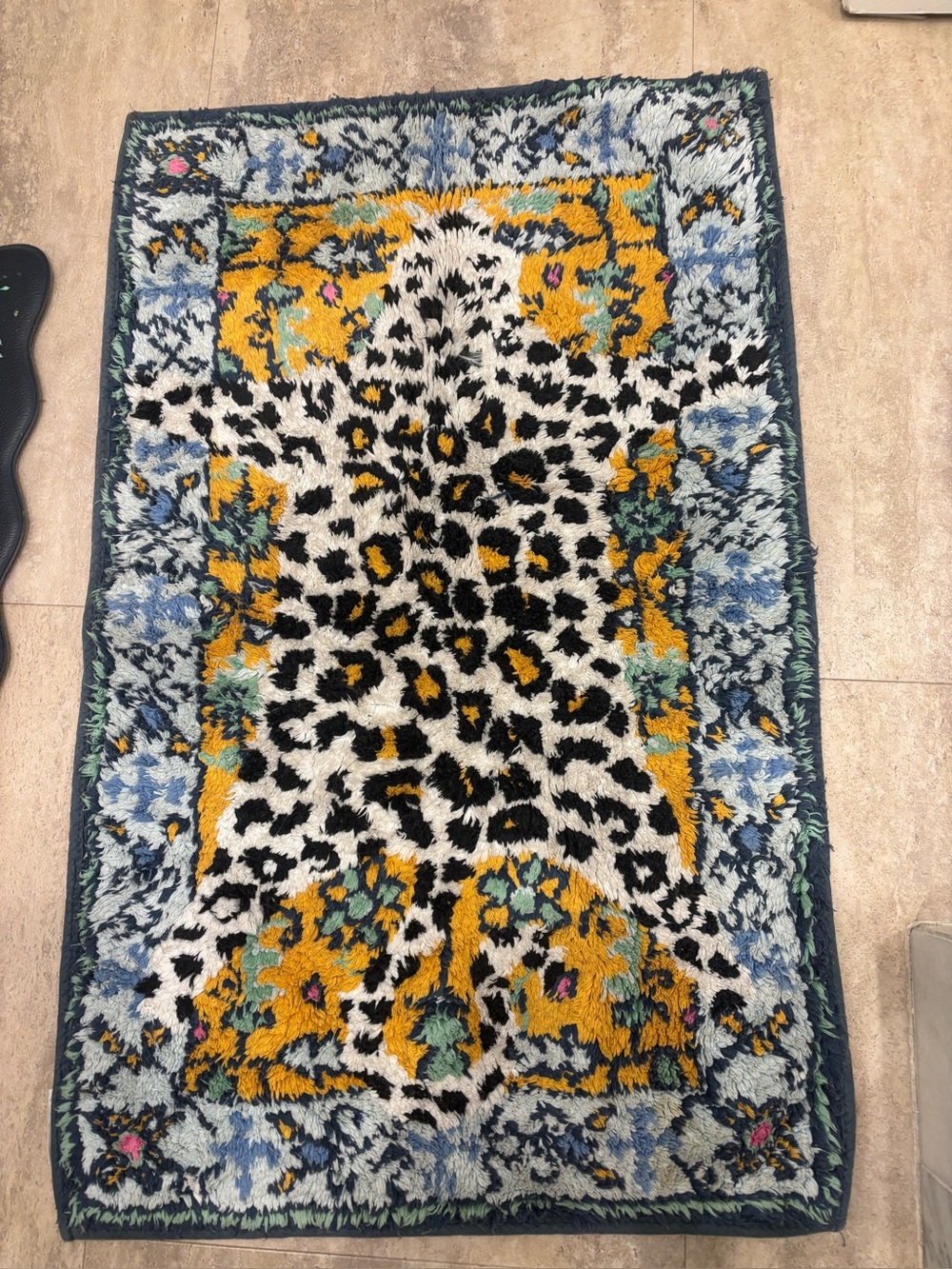Anthropologie Leopard-Accent Plush Bath Rug in Mustard, Blue, Black